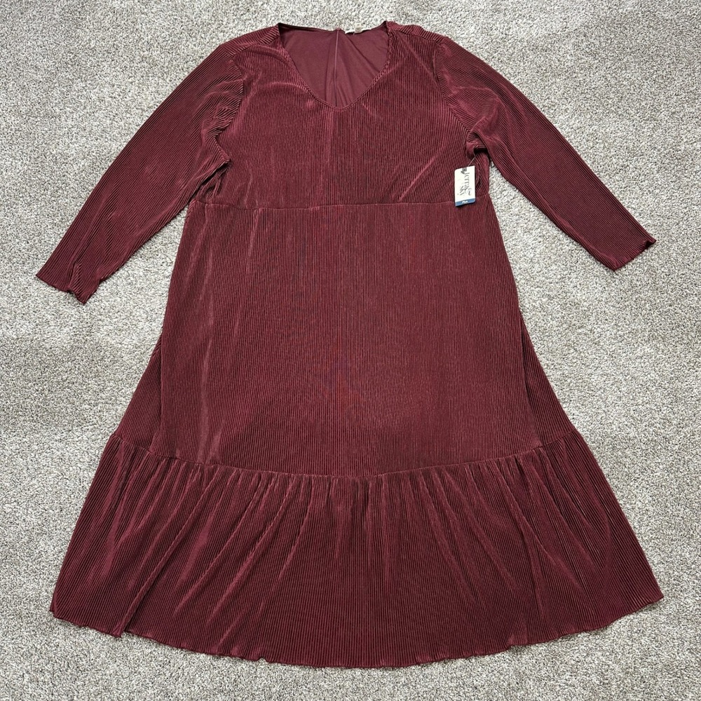 Terra & Sky Midi Dress Womens 3X Plisse Midi Dress Rustic Plum NEW